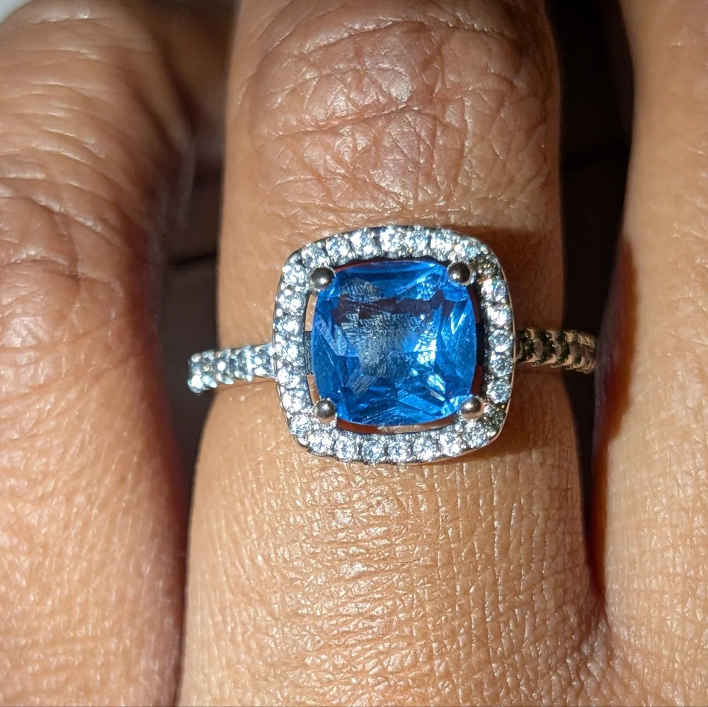Blue Sapphire 925 Silver Halo Ring with Diamond Accents Sz 6